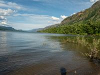 a body of water that is near some mountains and a river with trees on the shore