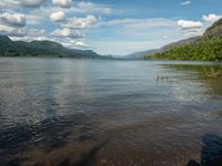 a body of water that is near some mountains and a river with trees on the shore