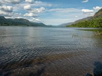 a body of water that is near some mountains and a river with trees on the shore