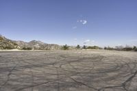 a view along a dirt road of an empty field and mountains in the distance of the scene