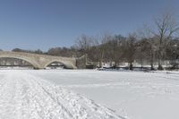 Scenic Winter Landscape in Canada with Frozen Lake and Arch Bridge