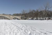 Scenic Winter Landscape in Canada with Frozen Lake and Arch Bridge