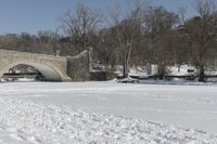 Scenic Winter Landscape in Canada with Frozen Lake and Arch Bridge