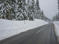 an empty road next to a snowy mountain range with fir trees along both sides of the road
