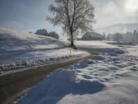 a snow covered road passing by a tree near a hill on a sunny day with a sky