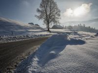 a snow covered road passing by a tree near a hill on a sunny day with a sky