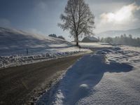 a snow covered road passing by a tree near a hill on a sunny day with a sky