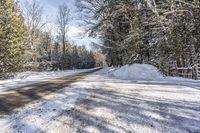 snow covered country road on a sunny day with a lot of trees and bushes around it