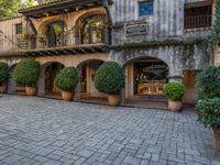 the courtyard and entrance to an apartment complex, with patios, bushes, and trees