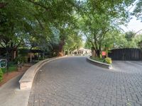 a brick sidewalk next to a gate and some trees and bushes in a residential area