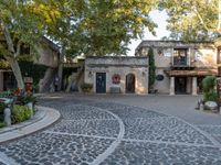 a large cobblestone courtyard and some buildings on each side of it's path