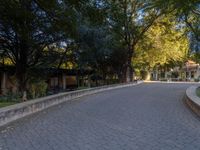 a curved brick sidewalk that has trees lining the walkway and bushes lining it in front