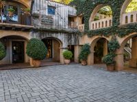 the courtyard with several potted plants and a wall full of green plants and arched arches