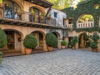 the courtyard with several potted plants and a wall full of green plants and arched arches