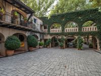 a courtyard with plants surrounding it and many bushes on either side of the entryway