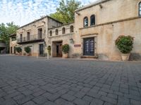 an image of the back of a building with pots in it and red flowers in the courtyard