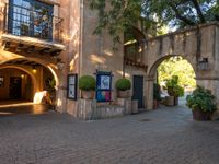 a stone walkway in an entrance with plants and a clock in the center of the entryway