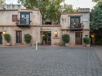 two plants are planted in front of a building with windows, pots and signs on the sides