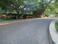 a brick paved path with trees on both sides of it and buildings on both sides