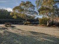 an empty picnic table is near some trees and a foot bridge by the water's edge