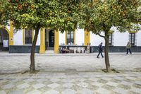 Scenic View of Seville Town Square with Historic Architecture and Tree-Lined Road