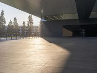 a shadow of someone walking around an empty building in a park with a skateboard