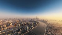 the city is seen in the background as seen from a high altitude sky perching