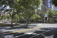 a view of a city street that has trees in front of it and an office building on the other side of it