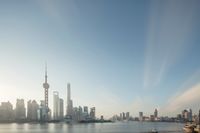 the city skyline of shanghai is shown against a clear sky above a body of water