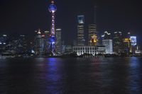 view at night time from the river bank looking toward the city skyline and its tall buildings