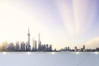 a city skyline is seen in this image from an empty white tile roof overlooking the water