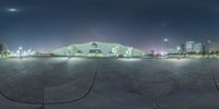 this is a view from the skate park looking down on it at night time and in full fisheye