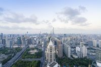 an overview of the skyline with trees and a busy city street that connects to the other buildings