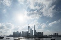 this is an image of a city view from across the water at low tide in shanghai