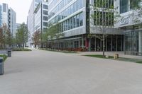 large building in city with lots of windows and trees outside, empty sidewalk area with seating in foreground