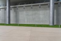 there is a tall grey wall with black poles on it and the grass is growing along the walkway