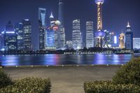 a picture of a city skyline at night in china taken from across the water from the shore