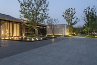 a lighted up walkway to a building near some plants and trees at night lightening