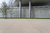 this is an outdoor space with a concrete structure and multiple posts on the side and two trees in front