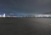 an airplane sitting in a large field by the water at night with a cityscape in the distance