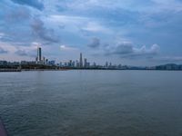 the water has very large chunks of blue in it and a skyline of large buildings in the background