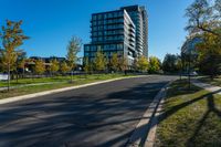 there is a tall building that sits near the road in front of it, and has many trees