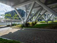 the sidewalk has been paved with red bricks, grass and trees next to it in the city