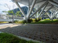 the sidewalk has been paved with red bricks, grass and trees next to it in the city