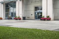 a sidewalk leading to a government building with flower display on the windows of the front entrance