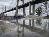 skate park with a long bridge above it in a cloudy sky, reflecting the water and graffiti on the concrete