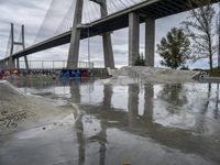 skate park with a long bridge above it in a cloudy sky, reflecting the water and graffiti on the concrete