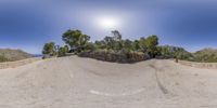 a skateboarder does a trick in an empty skate park area with trees and blue sky above