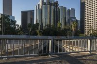 a man riding a skateboard across a bridge over a bridge in a city filled with skyscrapers