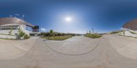 the skateboard ramp is empty of people as it is 360 - turnable into a fish eye lens